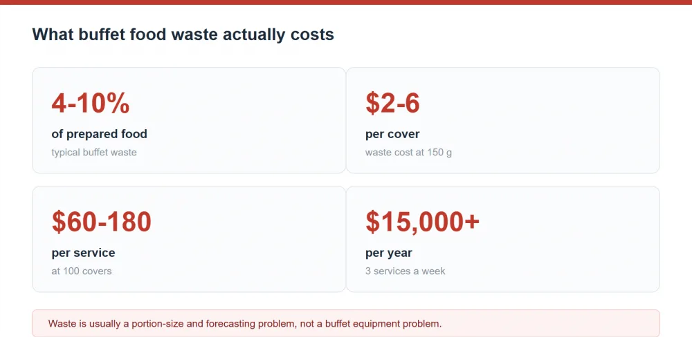 Buffet food waste cost: 4-10 percent of prepared food, 2-6 dollars per cover, 60-180 dollars per service at 100 covers, 15000 dollars a year