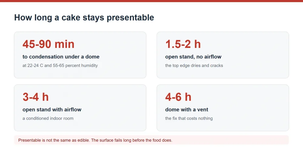 Clear dome against open cake stand, freshness window and condensation timing