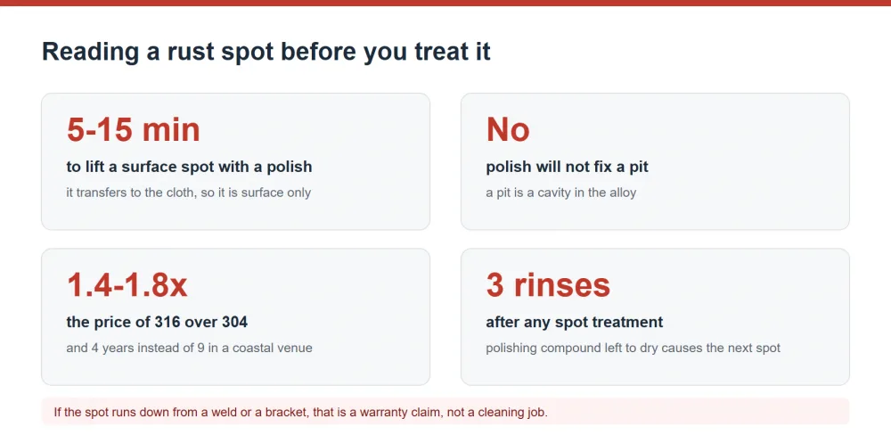 Stainless steel rust spot diagnosis, removal and grade selection