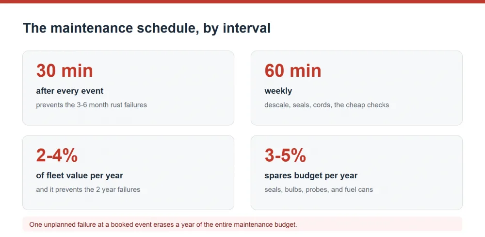 Buffet equipment maintenance schedule by interval, time and annual cost