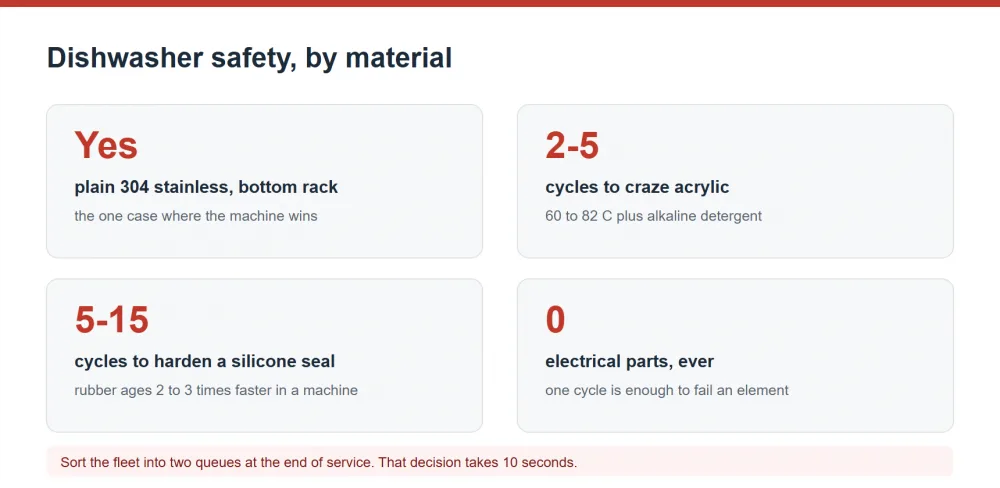 Dishwasher safety by material for buffet equipment and what each cycle costs