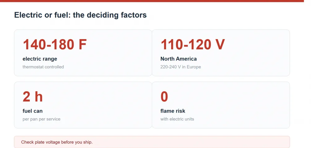 Electric or fuel chafer decision test: 60-second check comparing heat-up time, running cost and cleanup