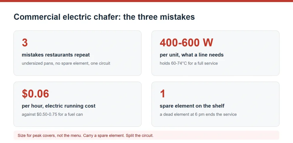 Commercial electric chafing dish mistakes, unit power and running cost per hour