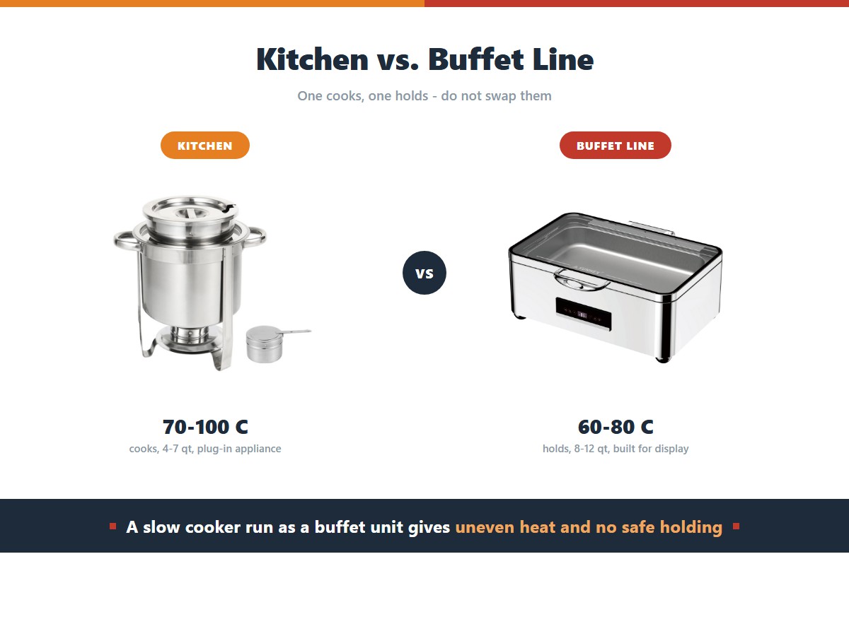 Chafing dish versus slow cooker for buffets: the slow cooker cooks at 70 to 100 degrees Celsius in the kitchen with 4 to 7 quart capacity, while the chafing dish holds at 60 to 80 degrees Celsius on the line with 8 to 12 quart pans built for display and self-service