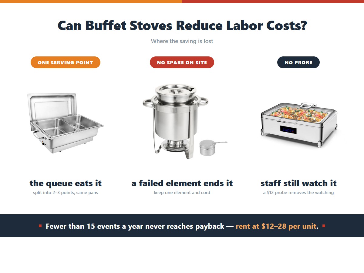 Where the buffet stove labour saving gets lost: one long serving point lets the queue consume the freed time so it must be split into two or three points with the same pans, no spare unit on site means a failed element ends the service so keep one element and cord, and without a temperature probe staff still watch the line where a 12 dollar probe removes the need