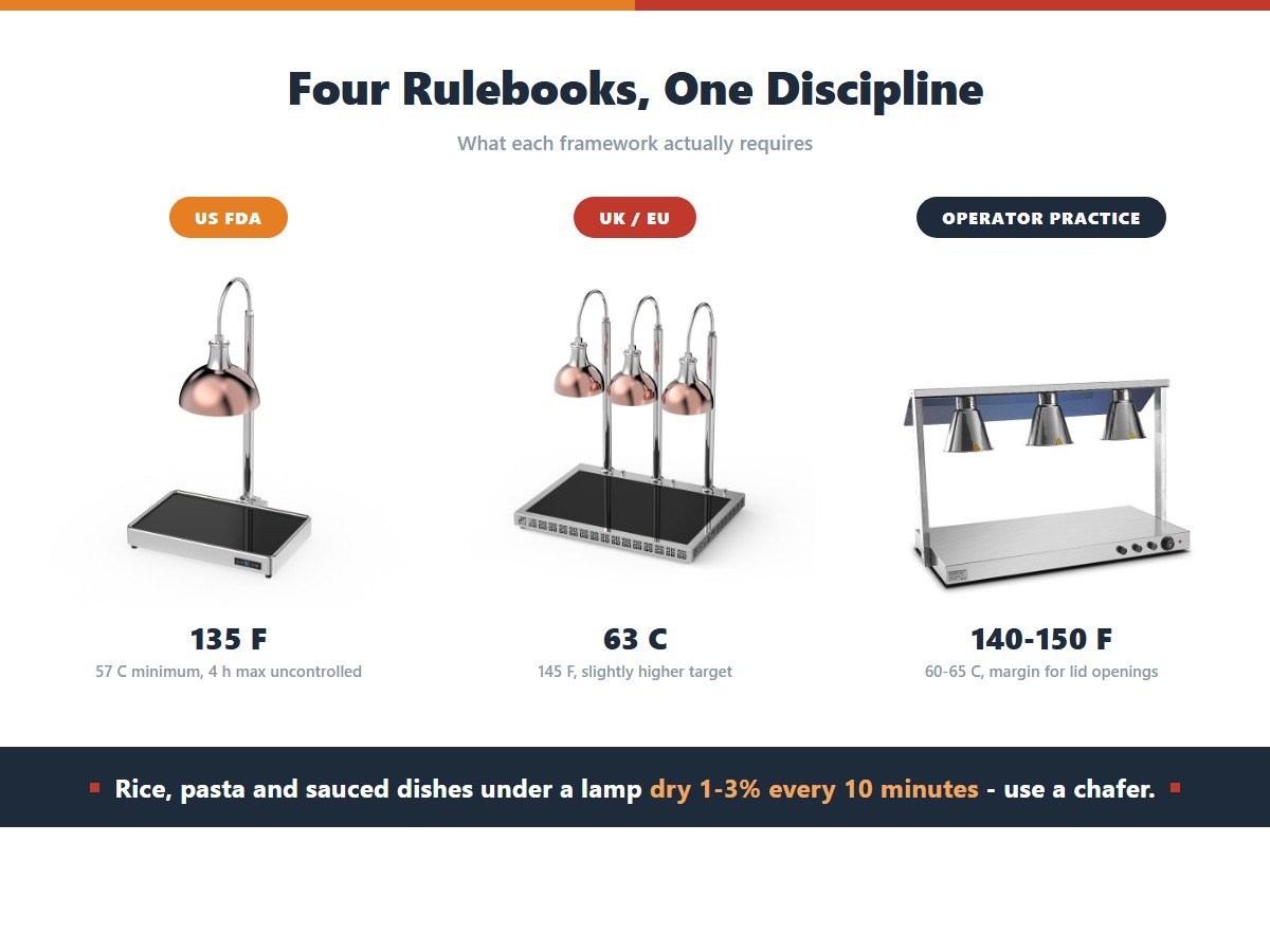 Three food holding frameworks for heat lamp service: the US FDA Food Code minimum of 135 F with a four-hour uncontrolled limit, UK and EU guidance to hold at or above 63 C, and common operator practice targeting 140-150 F for margin