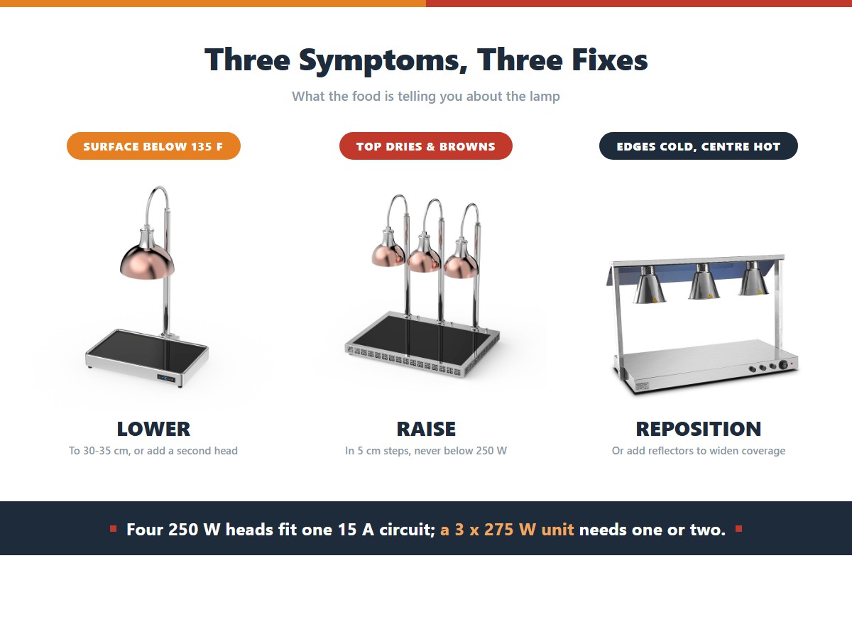Three heat lamp symptoms with fixes: food surface below 135 F corrected by lowering the lamp to 30-35 cm or adding a second head, a dried and browned top corrected by raising the lamp in 5 cm steps, and cold edges with a hot centre corrected by repositioning or adding reflectors
