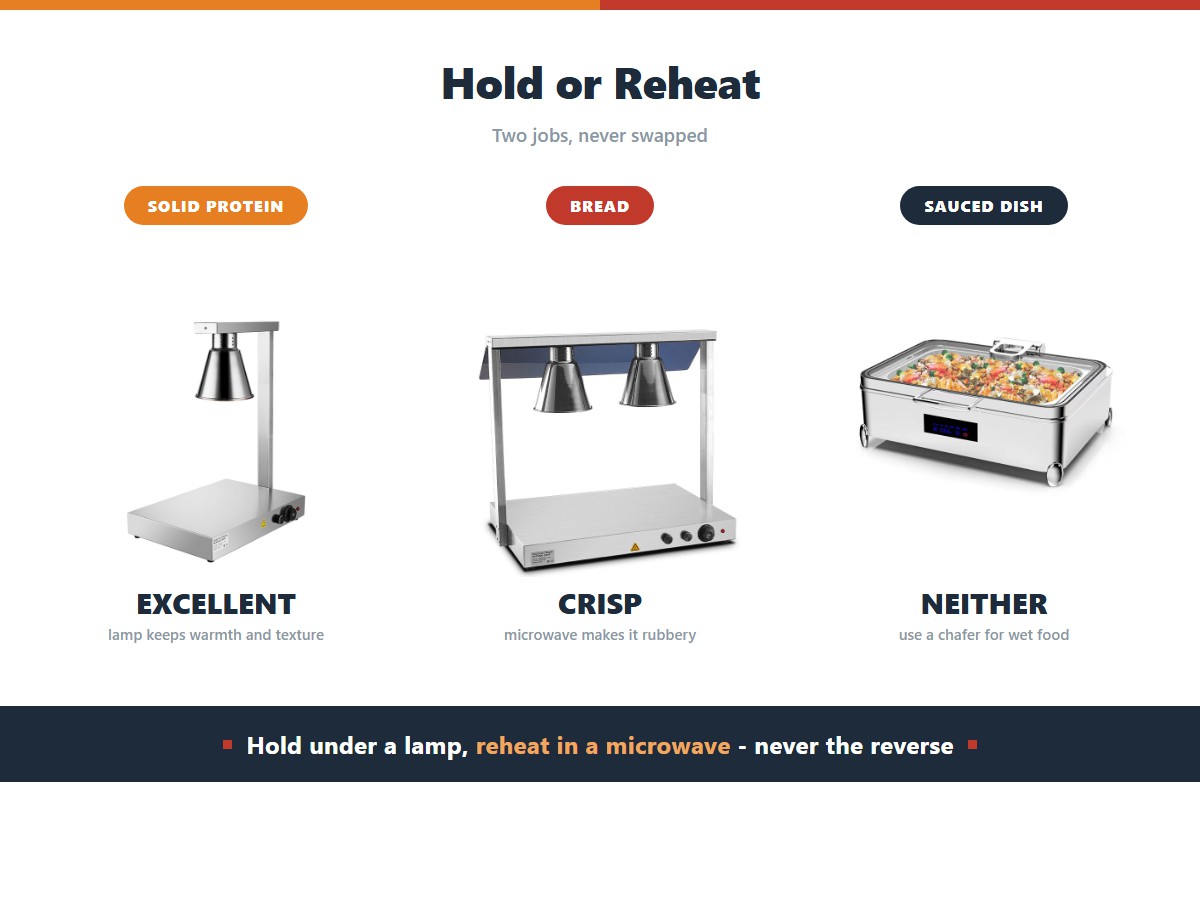 Food heat lamp versus microwave: a lamp holds solid proteins and bread at serving temperature without cooking them further and keeps bread crisp, while a microwave reheats cold food to 74 degrees in 60 to 90 seconds but heats unevenly, dries edges and makes bread rubbery