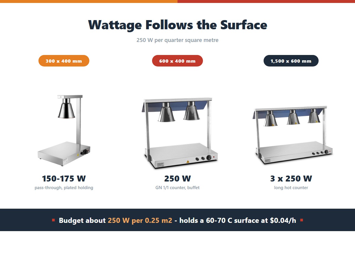 Heat lamp wattage by holding surface: 150 to 175 watts for a 300 by 400 millimetre pass-through, 250 watts for a 600 by 400 millimetre GN 1/1 counter, and three times 250 watts for a 1500 by 600 millimetre long hot counter