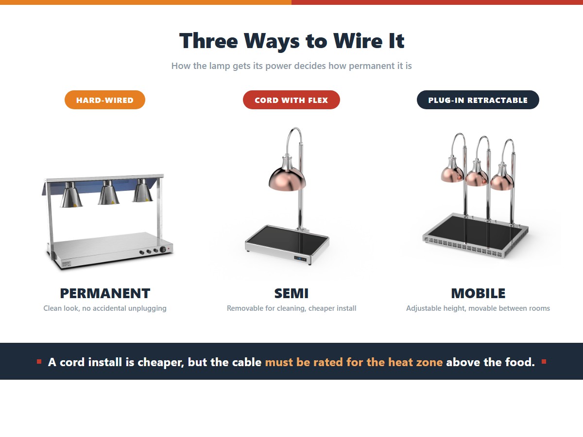 Three heat lamp wiring options: a hard-wired triple-head lamp for permanent installations with no visible cable, a cord-and-flex single lamp that is removable for cleaning, and a plug-in retractable triple lamp that moves between rooms