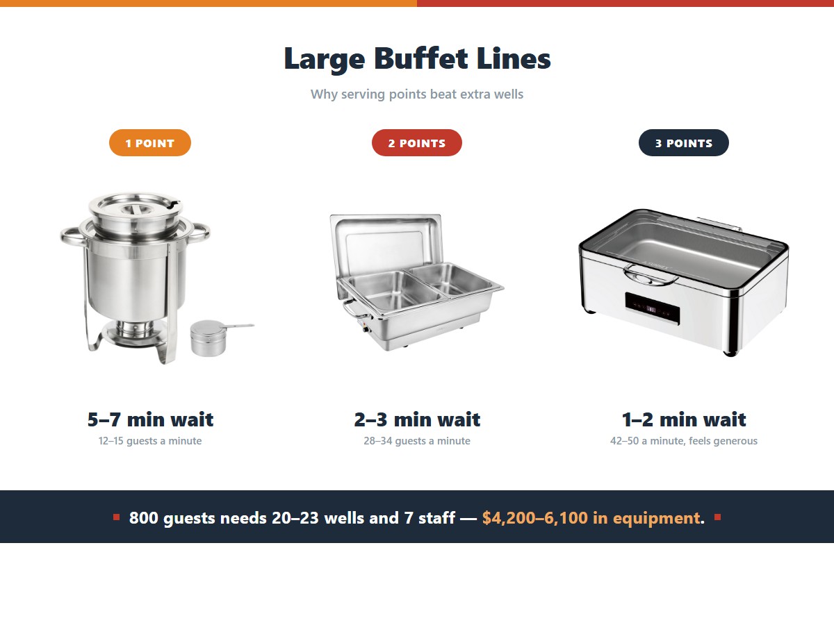 How serving points change a 200-guest buffet running the same six wells: one point produces a five to seven minute wait at 12 to 15 guests per minute with the queue visible from the door, two points produce two to three minutes at 28 to 34 per minute, and three points produce one to two minutes at 42 to 50 per minute which feels generous
