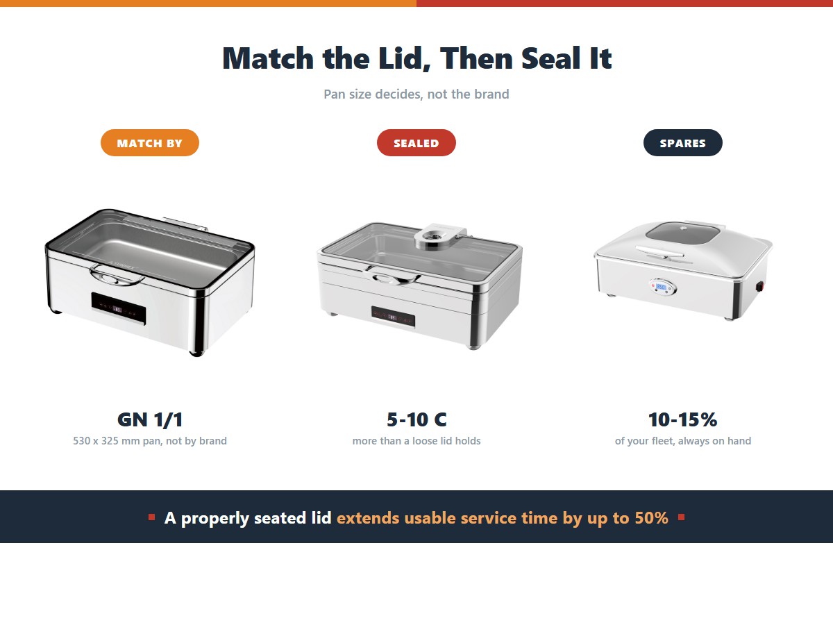 Chafing dish lid matching: a GN 1/1 pan at 530 by 325 millimetres determines the lid rather than the brand, a properly seated lid holding five to ten degrees more than a loose one, and spare lids kept at 10 to 15 percent of the fleet