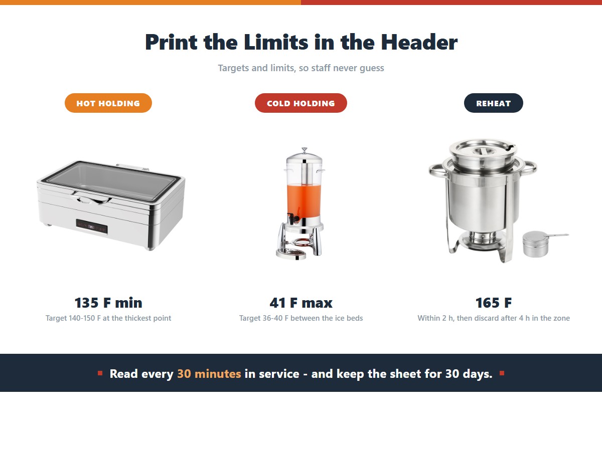 Three buffet temperature log limits for the printed header: hot holding at 135 F minimum with a 140-150 F target, cold holding at 41 F maximum with a 36-40 F target, and reheating to 165 F within two hours with discard after four hours in the danger zone
