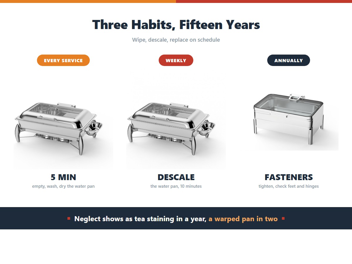 Chafing dish maintenance: empty, wash and dry the water pan in 5 minutes after every service, descale the pan weekly for 10 minutes, and tighten fasteners and check feet annually, because neglect shows as tea staining within a year and a warped water pan within two