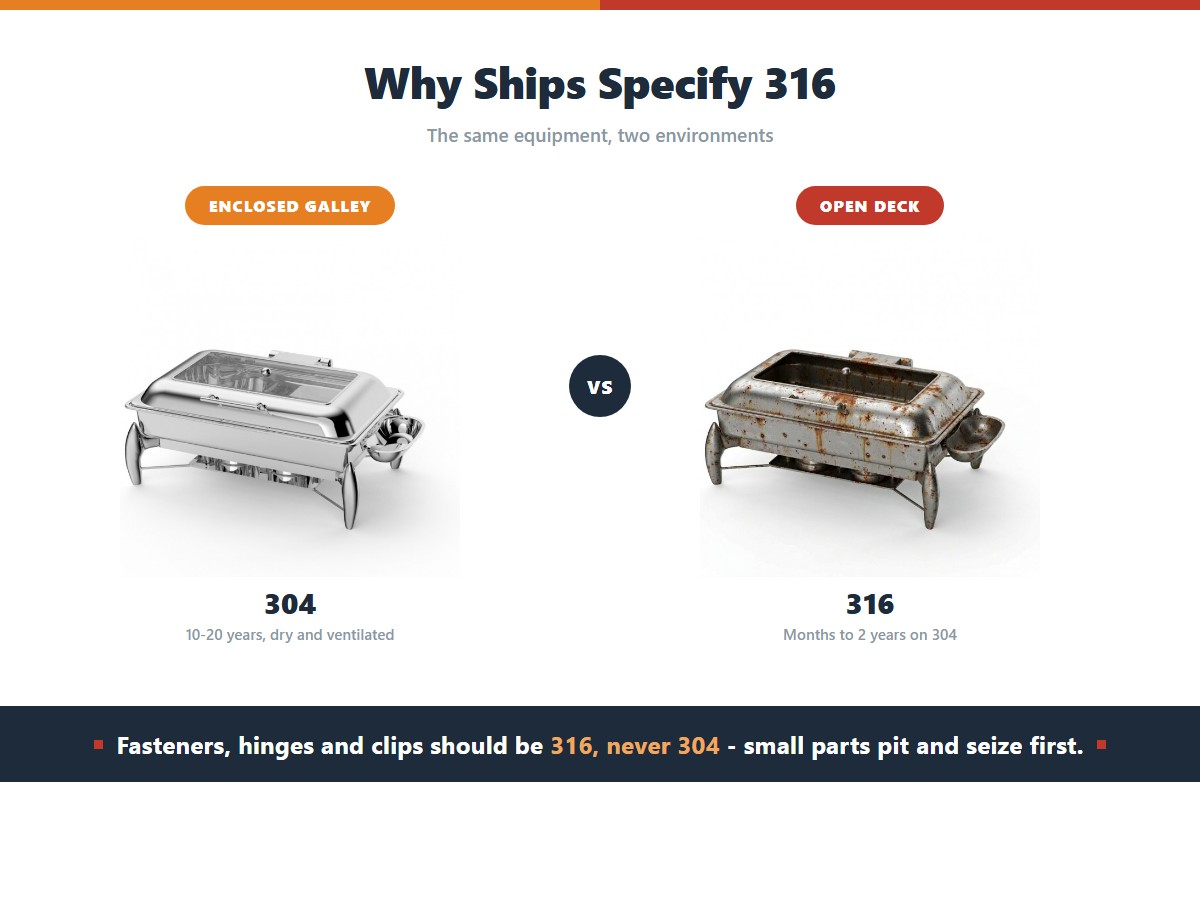 A clean 304 stainless unit in an enclosed ship galley rated for 10-20 years against a salt-corroded unit on an open deck where 304 lasts only months to two years and 316 is required