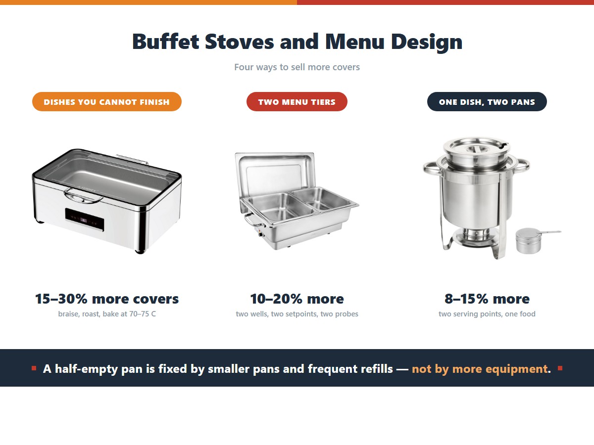 The menu moves that increase buffet covers and the equipment each needs: dishes that cannot be finished to order such as braise, roast and bake held at 70 to 75 degrees gain 15 to 30 percent more covers, running two menu tiers at once with two wells, two setpoints and two probes gains 10 to 20 percent, and splitting one dish across two pans at two serving points gains 8 to 15 percent