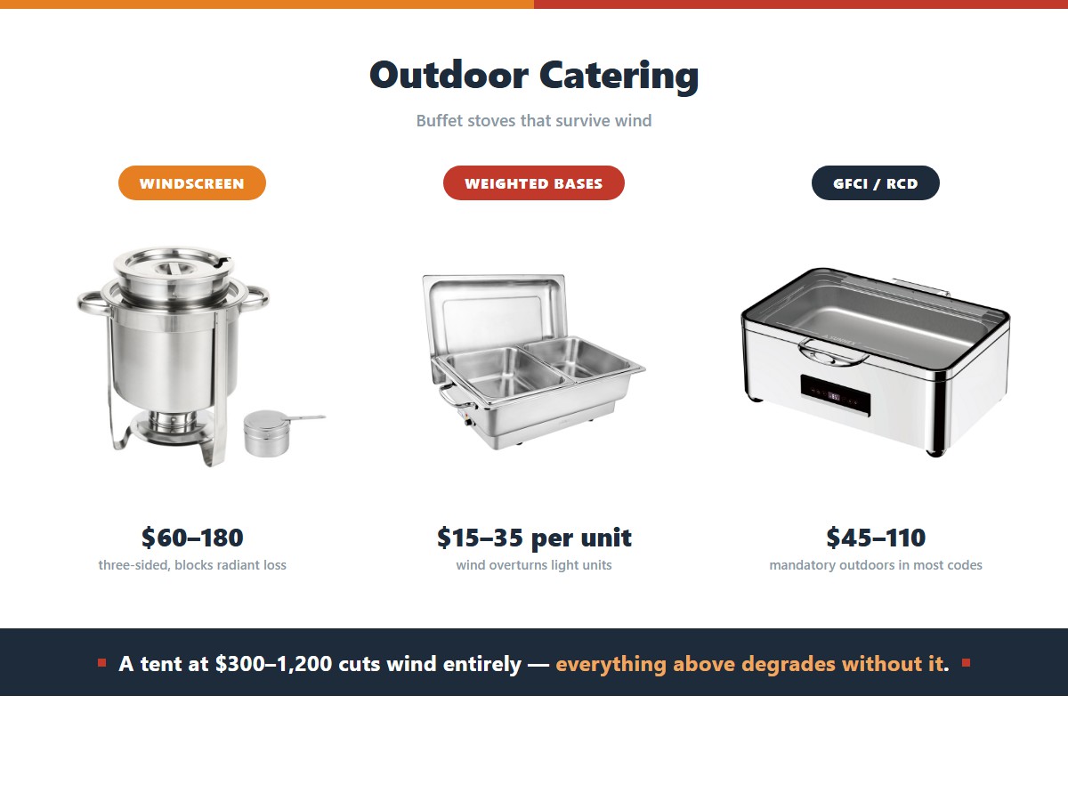 The kit that lets a buffet stove survive wind outdoors: a three-sided windscreen at 60 to 180 dollars blocks radiant and convective loss, weighted bases at 15 to 35 dollars per unit stop wind overturning light units, and GFCI or RCD protection at 45 to 110 dollars is mandatory outdoors in most codes, while a tent at 300 to 1,200 dollars cuts wind entirely