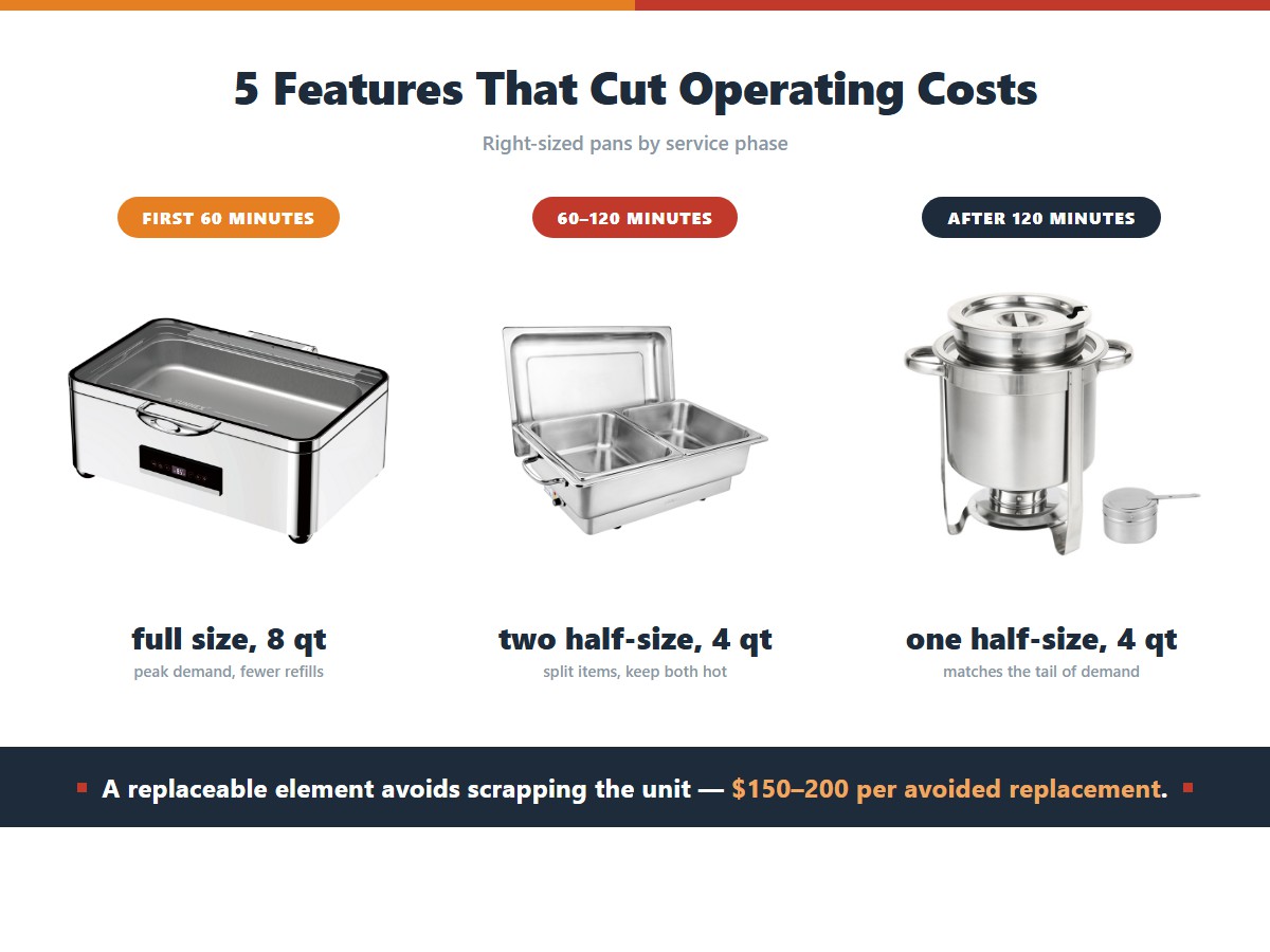 Matching pan size to the phase of service cuts buffet operating costs: the first sixty minutes need a full size 8 quart pan because peak demand means fewer refills, the next sixty minutes suit two half-size 4 quart pans so split items both stay hot, and after two hours a single half-size pan matches the tail of demand