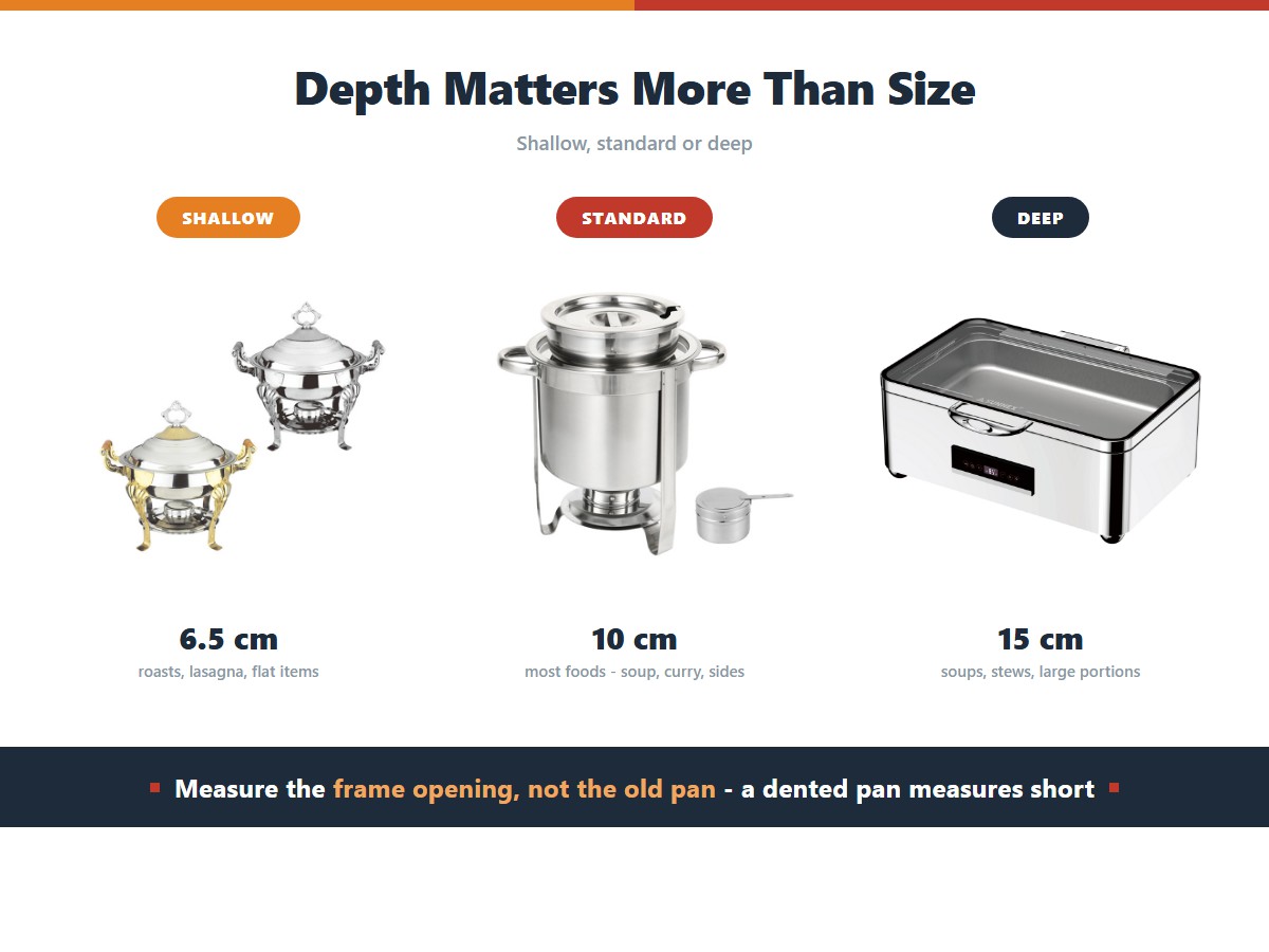 Chafing dish pan depth guide: a 6.5 centimetre shallow pan for roasts and flat items, a 10 centimetre standard pan for soup curry and sides, and a 15 centimetre deep pan for soups and stews
