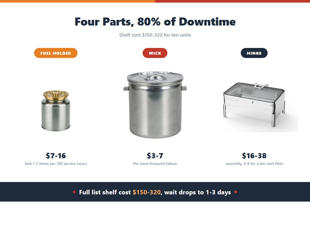 Chafing dish replacement parts to stock: fuel holders at 7 to 16 dollars, fuel cups at 4 to 9, wicks at 3 to 7 and hinge assemblies at 16 to 38 dollars, a shelf cost of 150 to 320 dollars for a ten-unit fleet that cuts the expected wait per failure to 1 to 3 days