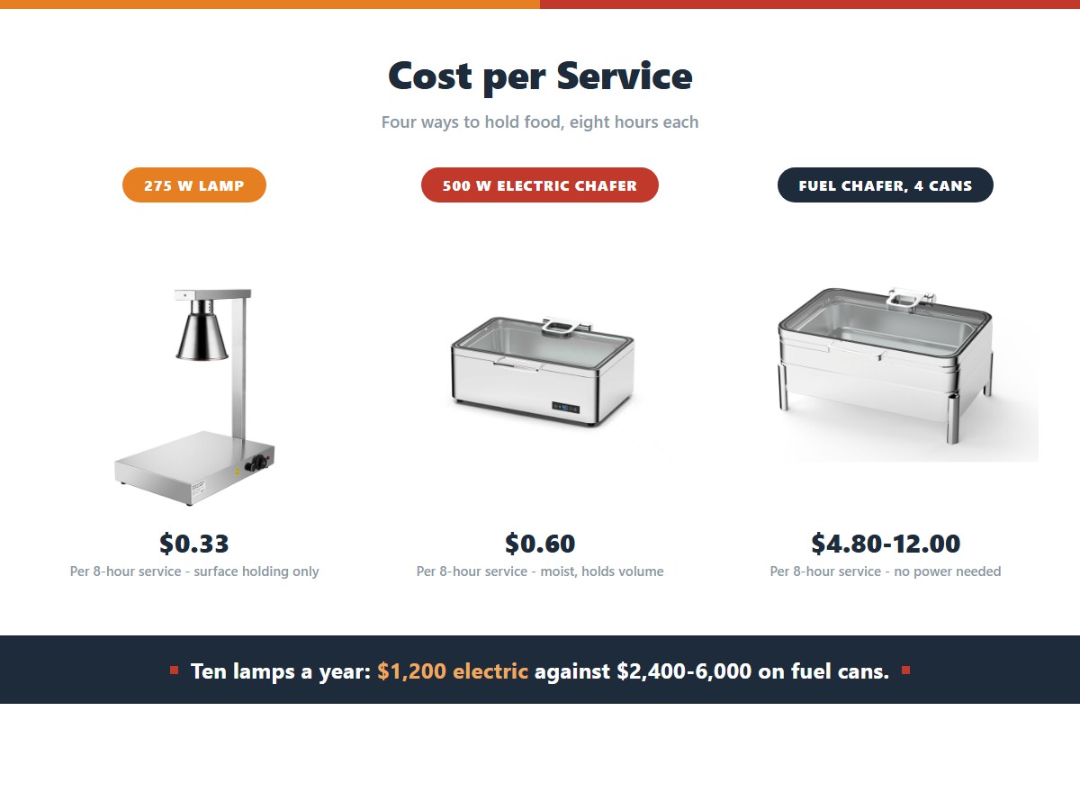 Energy cost per eight-hour service for three ways of holding buffet food: a 275 W heat lamp at $0.33 for surface holding only, a 500 W electric chafing dish at $0.60 for moist volume holding, and a fuel chafing dish at $4.80 to $12.00 with no power needed