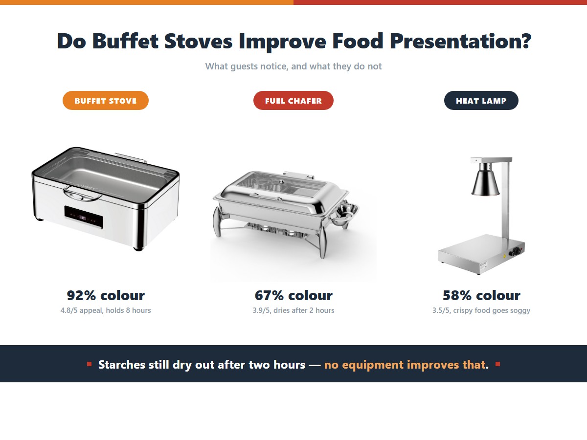 How food presentation holds across three equipment types over eight hours: a buffet stove retains 92 percent of original colour vibrancy and rates 4.8 out of 5 for visual appeal, a traditional fuel chafer retains 67 percent and rates 3.9 with visible drying after two hours, and a heat lamp retains 58 percent and rates 3.5 because crispy food goes soggy within an hour