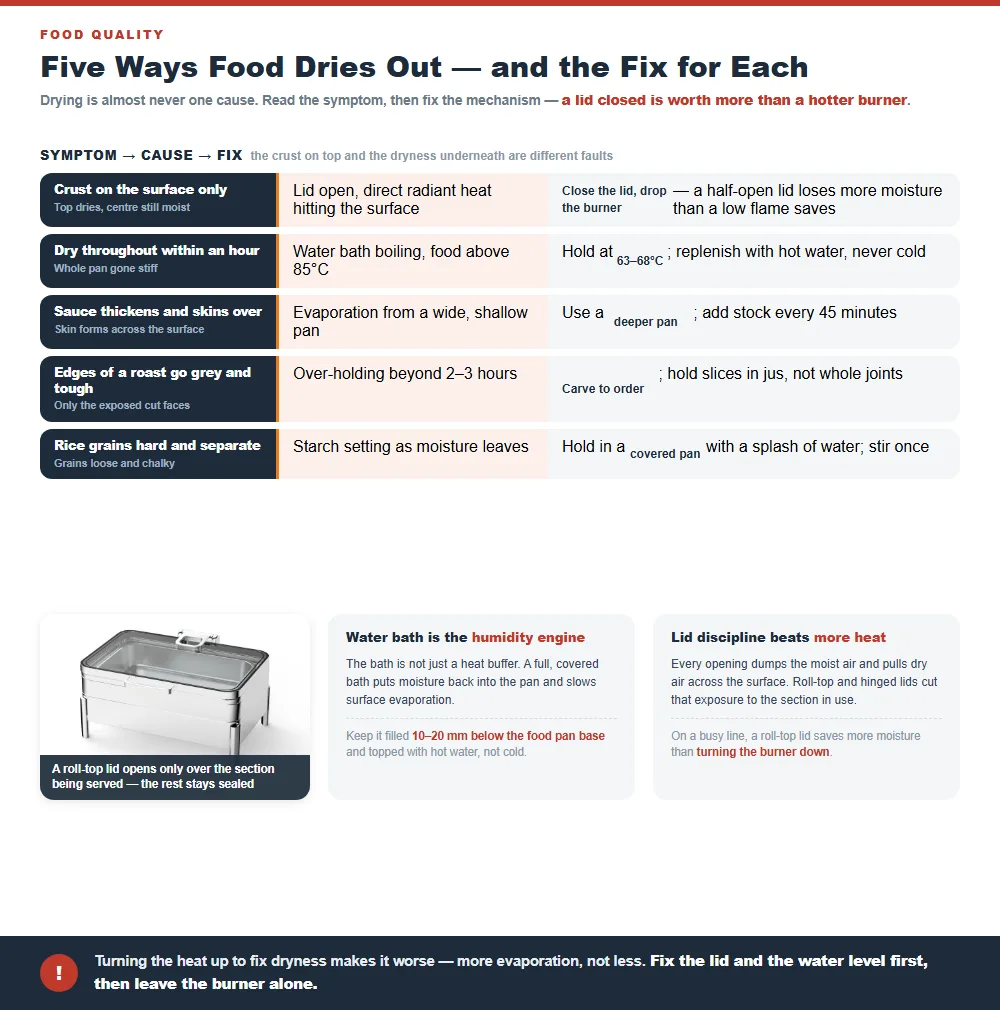 Five food drying symptoms with the cause and the fix for each, from a surface crust to hard rice grains, plus water bath and lid management