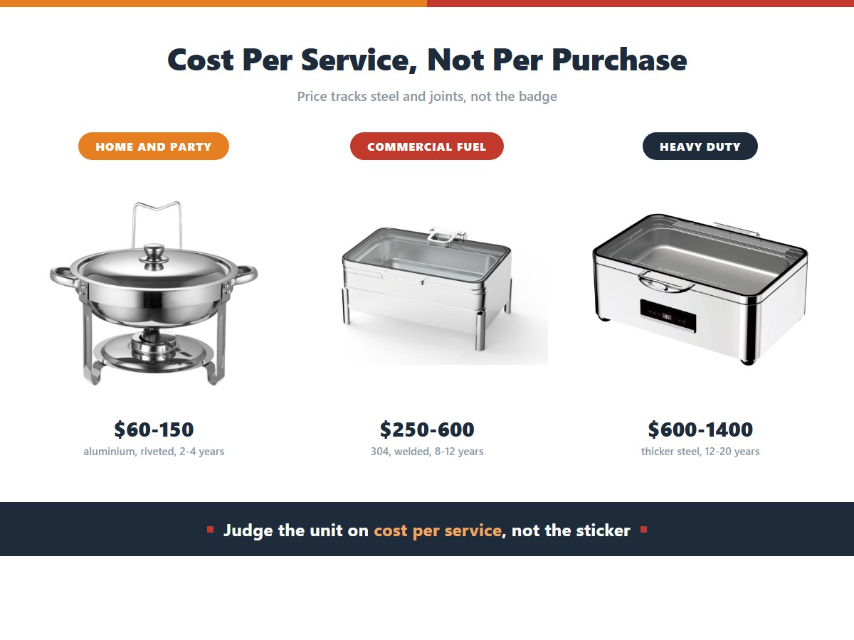 Chafing dish price versus service life: home units at 60 to 150 dollars last 2 to 4 years, commercial fuel units at 250 to 600 dollars last 8 to 12 years, and heavy duty units at 600 to 1400 dollars last 12 to 20 years, so judge cost per service rather than per purchase