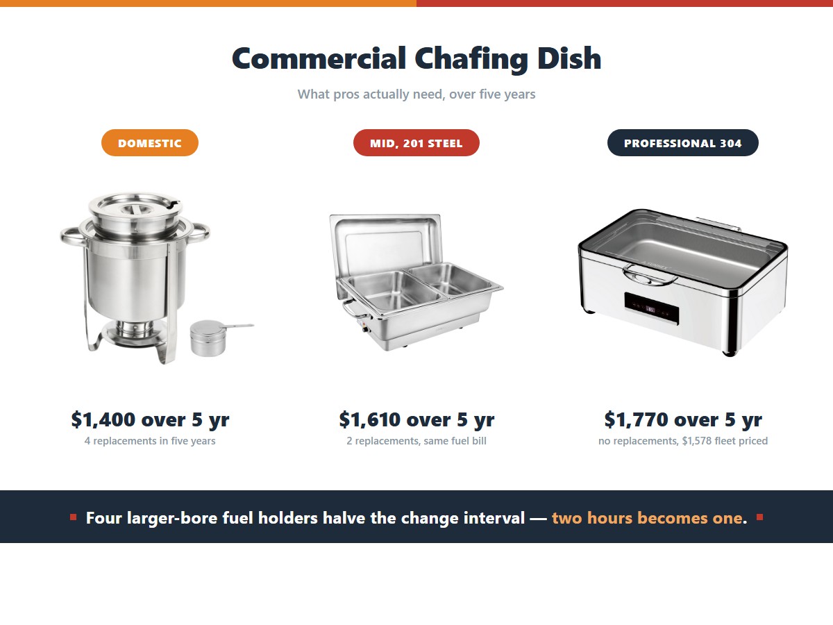 Five-year total cost of a chafing dish by purchase tier: a domestic unit costs 1,400 dollars over five years including four replacements, a mid 201-steel unit costs 1,610 dollars with two replacements, and a professional 304 unit costs 1,770 dollars with no replacements at all, or 1,578 dollars fleet priced