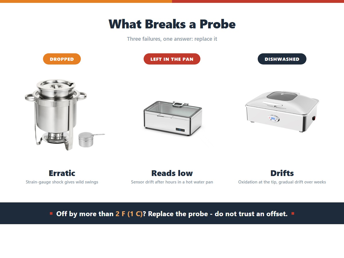 Three ways a food thermometer probe fails and needs replacing rather than adjusting: a dropped probe that reads erratically from strain-gauge shock, a probe left in a hot pan that drifts and reads low, and a probe that has been boiled or dishwashed and oxidises at the tip