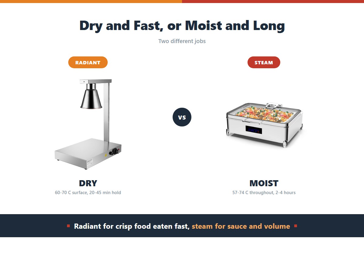 Radiant versus steam warming: a radiant lamp holds a dry 60 to 70 degree surface for 20 to 45 minutes at about 4 cents an hour, while a steam chafing dish holds 57 to 74 degrees throughout with added humidity for 2 to 4 hours