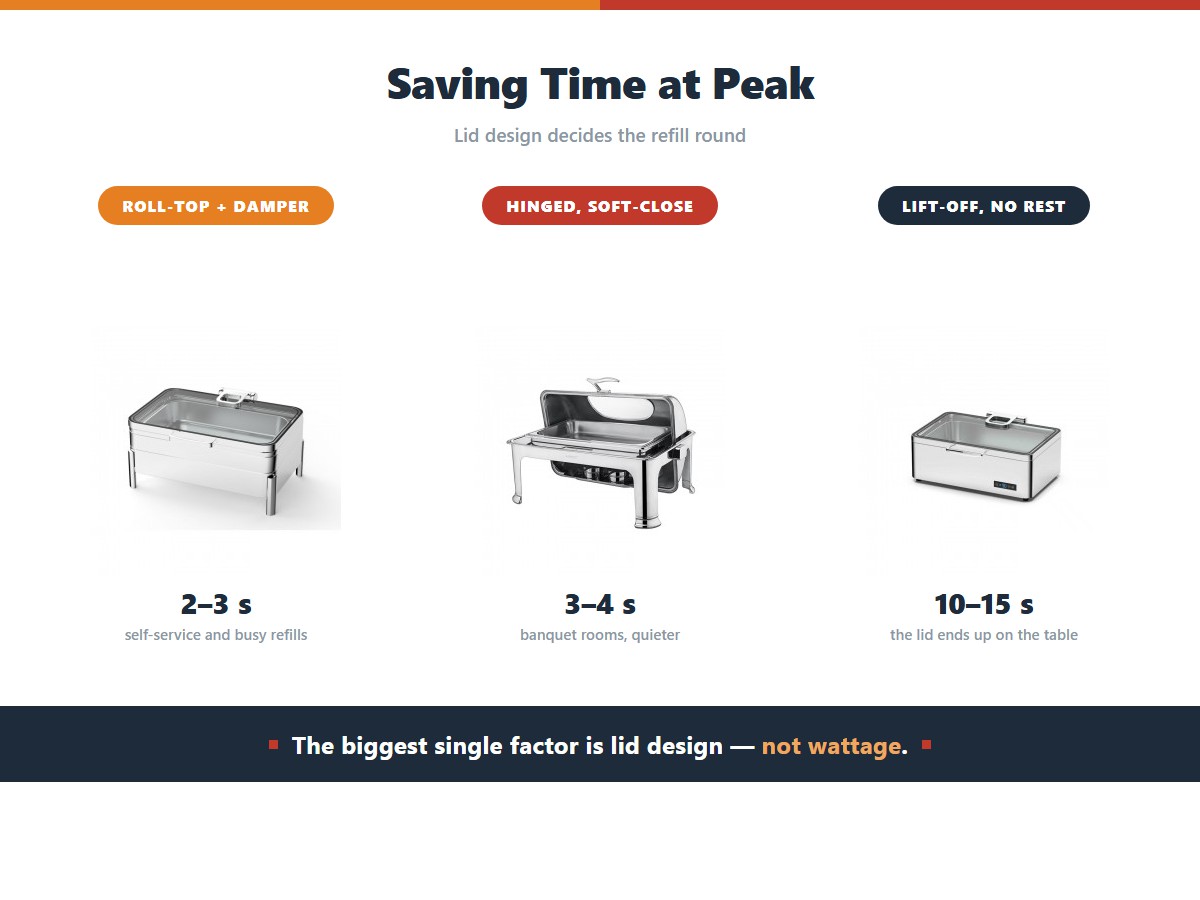 How lid design changes the time of every refill round: a roll-top lid with a damper opens and closes in two to three seconds and suits self-service and busy refills, a hinged soft-close lid takes three to four seconds and suits banquet rooms where quieter operation matters, and a lift-off lid with nowhere to rest takes ten to fifteen seconds because the lid ends up on the table