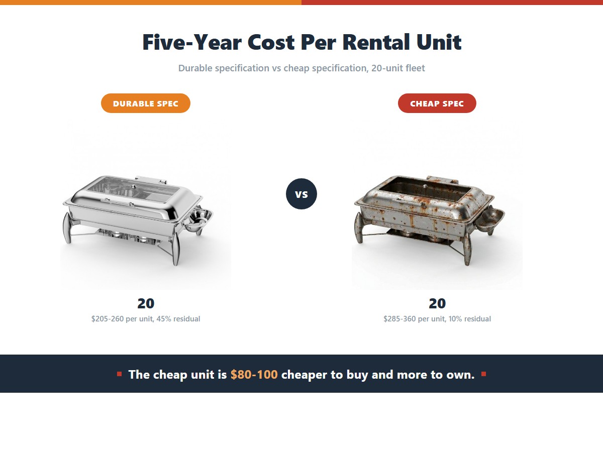 Two chafing dish fleets compared: a clean 304 unit specified to a durable standard and a rusted thin-gauge unit, with five-year cost per unit of $205-260 against $285-360