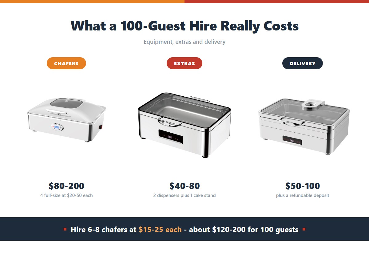 Chafing dish rental cost breakdown for 100 guests: 80 to 200 dollars for four full size chafers, 40 to 80 dollars for two beverage dispensers and a cake stand, and 50 to 100 dollars for delivery