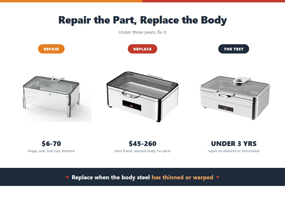 Repairing or replacing a chafing dish: hinges, fuel holder seals, fuel cups, elements and thermostats cost 6 to 70 dollars to repair, while a bent frame, a warped body or a model with no obtainable parts costs 45 to 260 dollars to replace, so repair a unit under three years and replace one with body deformation