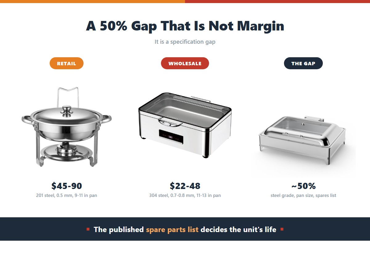 Retail versus wholesale chafing dish pricing: a retail single unit costs 45 to 90 dollars in 201 stainless at 0.5 millimetres with a 9 to 11 inch pan, while a wholesale unit costs 22 to 48 dollars in 304 stainless at 0.7 to 0.8 millimetres with an 11 to 13 inch pan, a gap of roughly 50 percent that reflects specification rather than margin