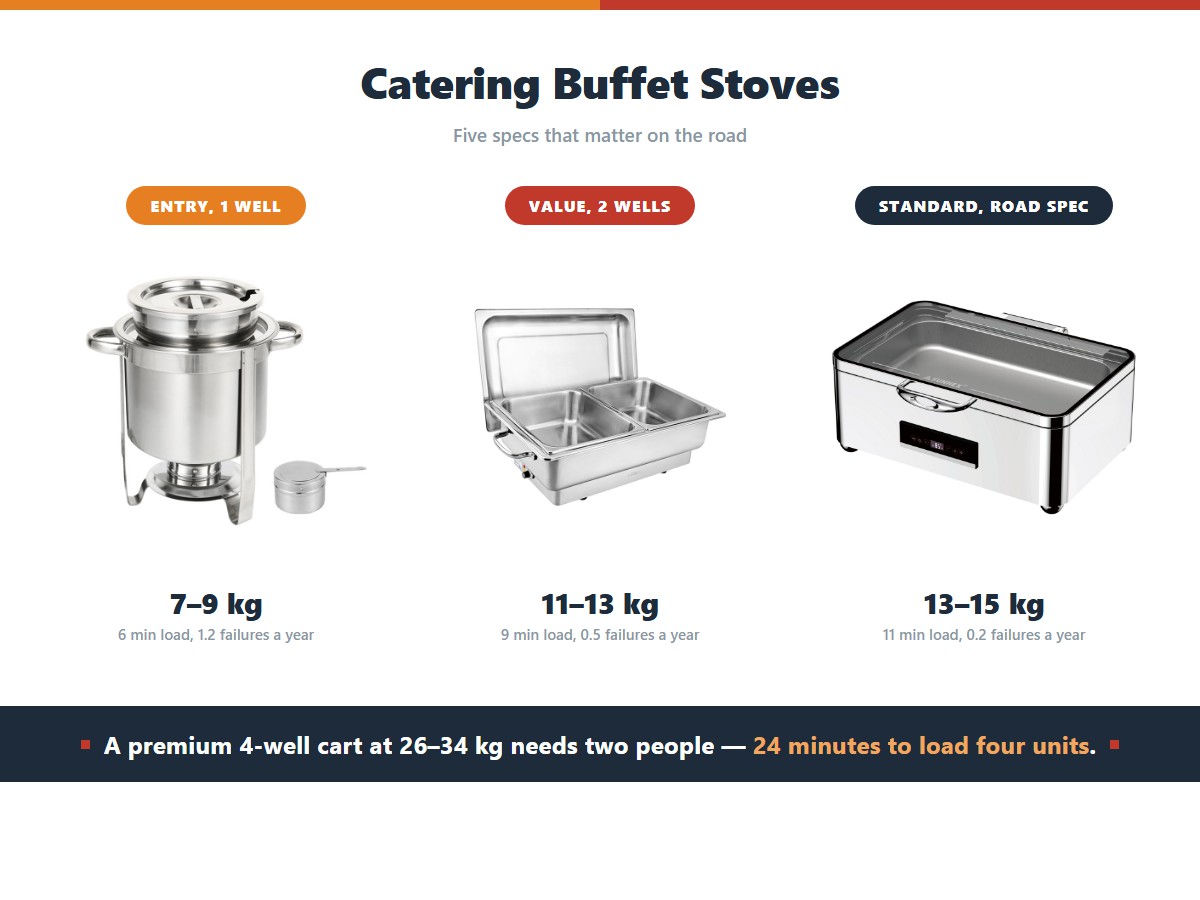 Comparing catering buffet stove classes by weight, load time and failure rate: an entry single-well unit weighs 7 to 9 kilograms, loads in six minutes and fails 1.2 times a year, a value two-well unit weighs 11 to 13 kilograms, loads in nine minutes and fails 0.5 times a year, and a standard road-spec two-well unit weighs 13 to 15 kilograms, loads in eleven minutes and fails only 0.2 times a year