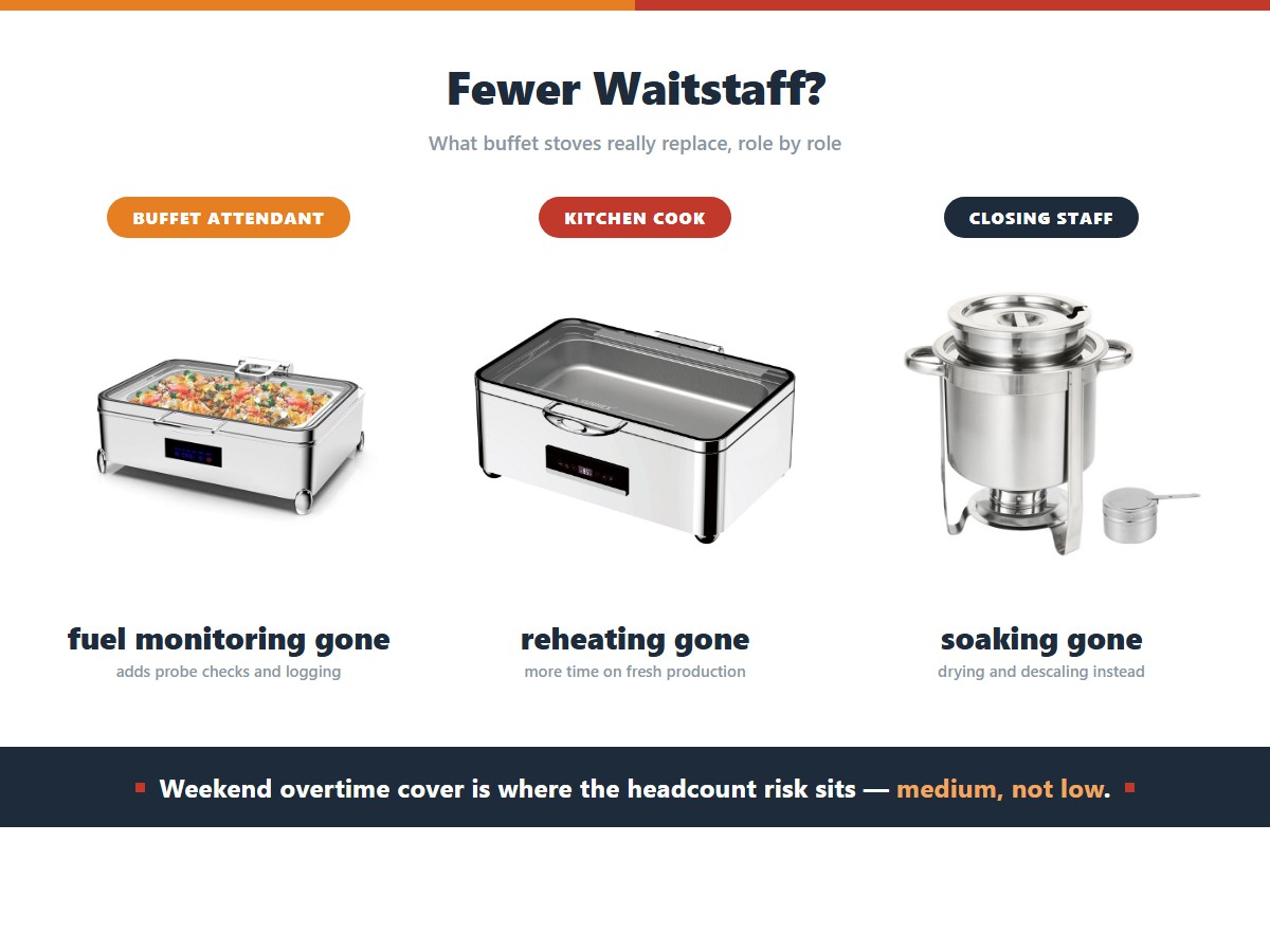 What buffet stoves change role by role: the buffet attendant loses fuel monitoring but gains probe checks and logging, the kitchen cook loses batch reheating and holding pans and gains time on fresh production, and closing staff lose soaking and scrubbing but take on drying and descaling, while the only real headcount risk sits with weekend overtime cover
