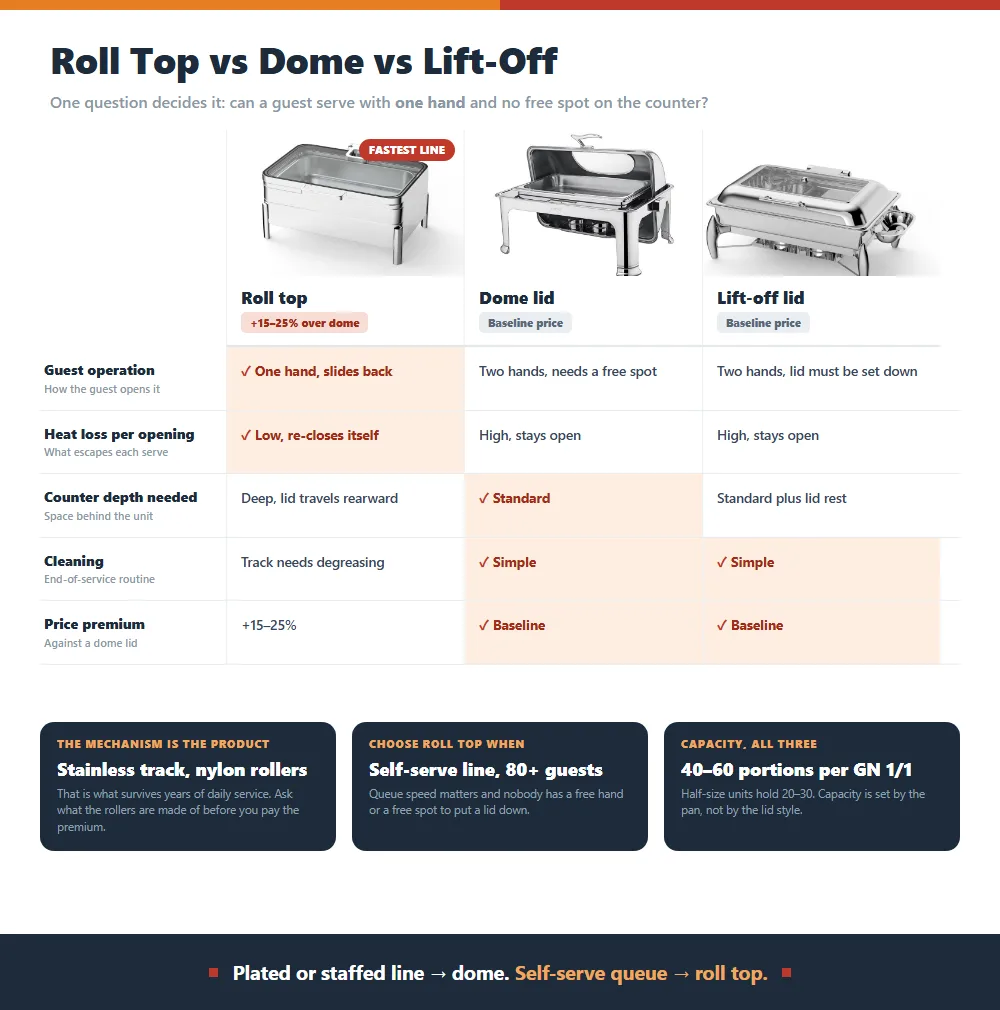 Comparison matrix of roll top, dome and lift-off chafer lids covering guest operation, heat loss per opening, counter depth, cleaning and price premium