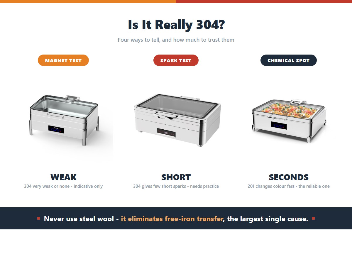 Three stainless steel identification tests: a magnet test where 304 shows very weak or no attraction and is only indicative, a spark test where 304 gives few short sparks and needs practice, and a chemical spot test where 201 changes colour within seconds and is the reliable method