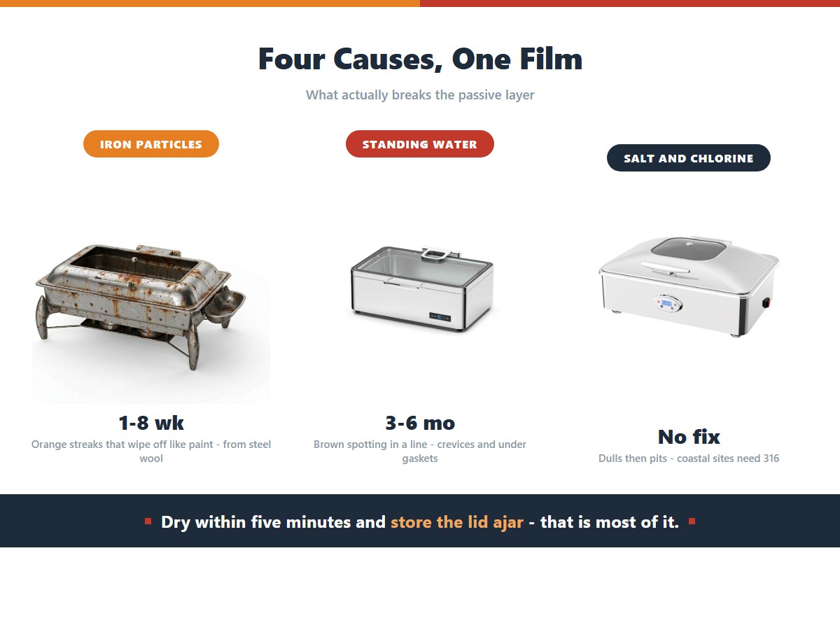 Four causes of rust spots on stainless buffet equipment and how fast each appears: iron contamination from steel wool producing orange streaks that wipe off like paint in 1 to 8 weeks, standing water in crevices producing brown spotting in a line over 3 to 6 months, and salt and chlorine dulling then pitting the surface with no fix once pitted