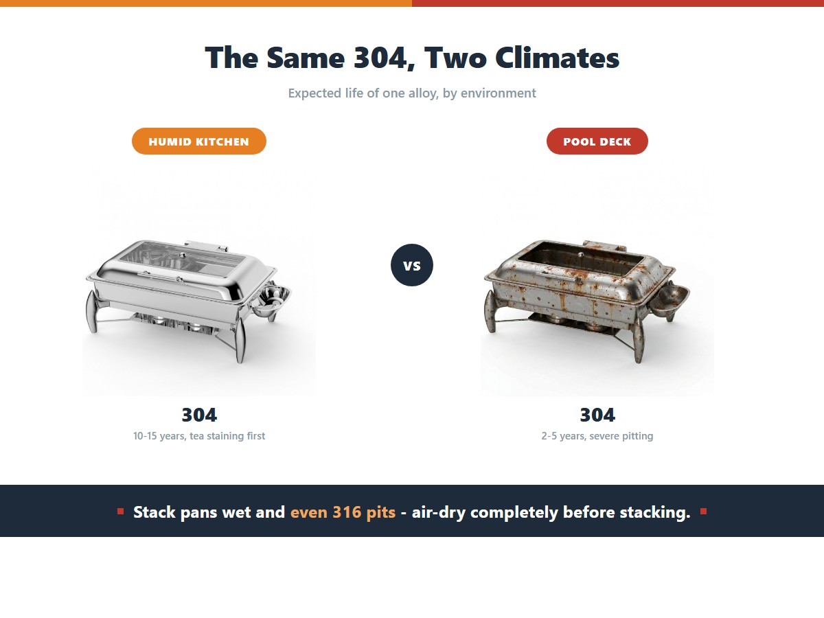 The same 304 stainless chafing dish in two environments: a humid commercial kitchen where it lasts 10-15 years starting with tea staining at the seams, and a chlorinated pool deck where severe pitting cuts life to 2-5 years