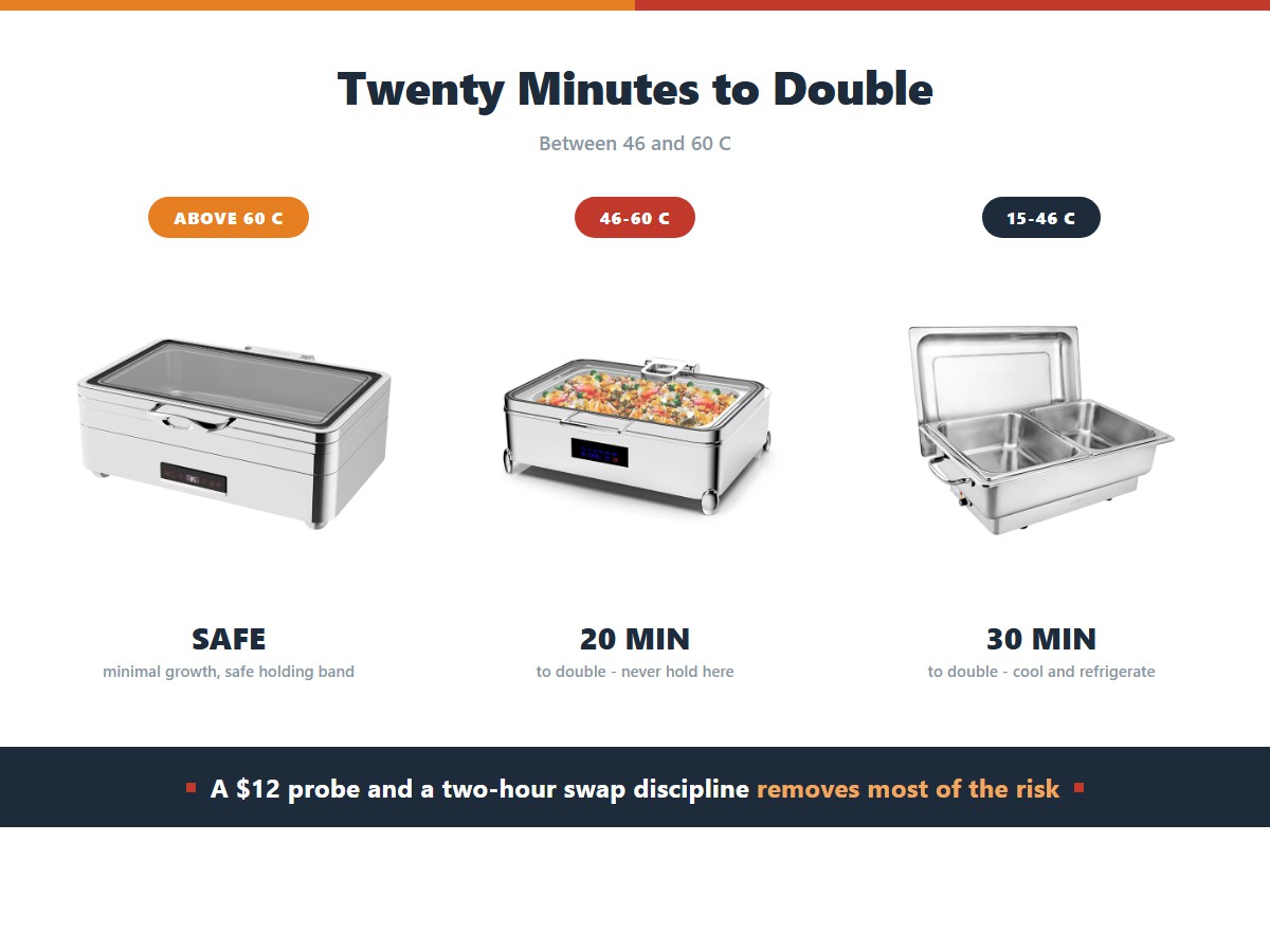 Buffet warmer food safety temperature bands: above 60 degrees bacterial growth is minimal and holding is safe, between 46 and 60 degrees bacteria double every 20 minutes so never hold there, and between 15 and 46 degrees they double every 30 minutes so cool rapidly and refrigerate
