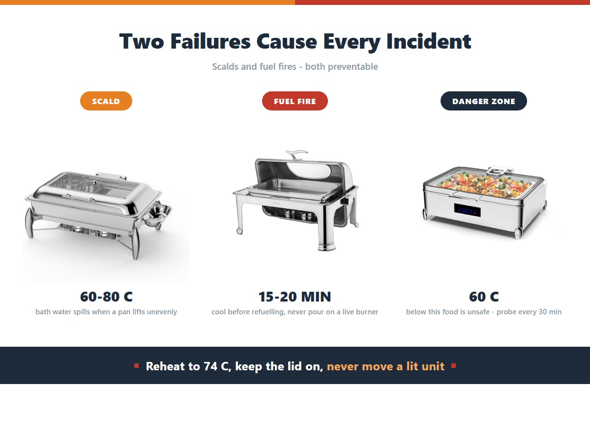 Chafing dish safety: a 60 to 80 degree Celsius water bath scalds when a pan is lifted unevenly, fuel poured onto a live burner flashes, and food held below 60 degrees sits in the danger zone, so reheat to 74 degrees, probe every 30 minutes and never move a lit unit