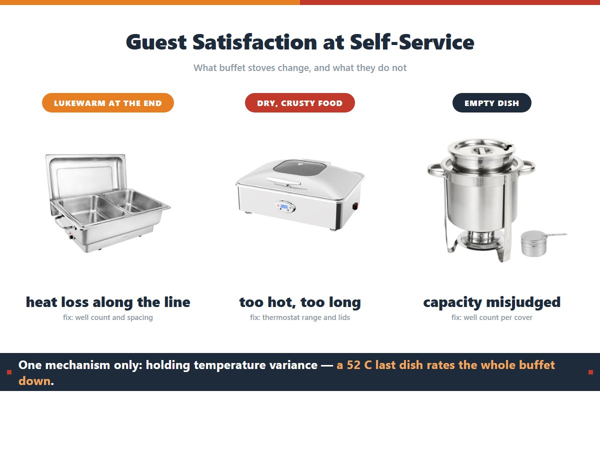What drives guest satisfaction at a self-service buffet and how a buffet stove fixes each cause: a lukewarm last dish comes from heat loss along the line and is fixed by well count and spacing, dry crusty food comes from holding too hot or too long and is fixed by thermostat range and lids, and an empty dish comes from misjudged capacity and is fixed by well count per cover