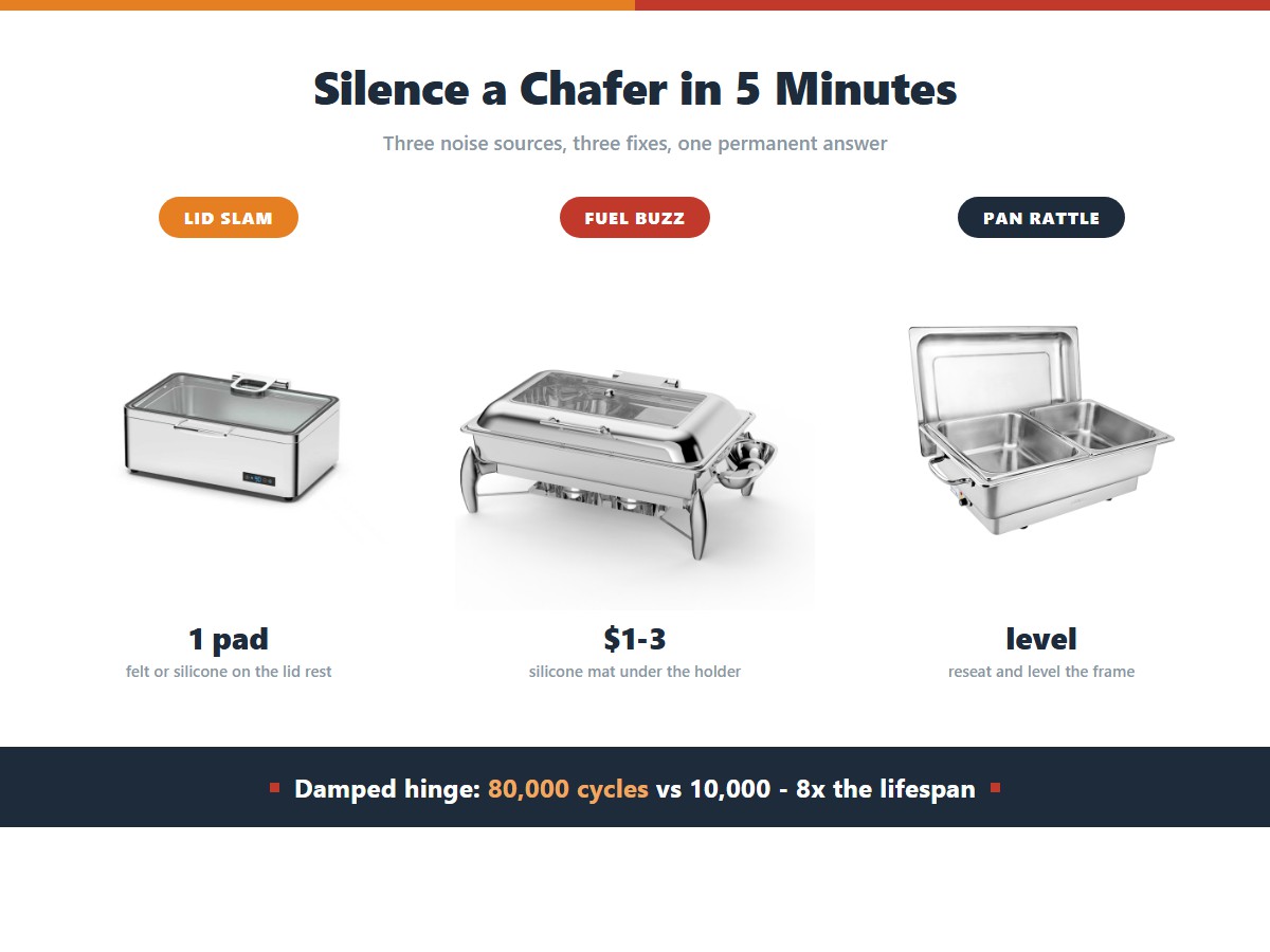 Three chafer noise fixes: a felt or silicone pad on the lid rest to stop the slam, a one to three dollar silicone mat under the fuel holder to stop the buzz, and a frame level check to stop the pan rattle