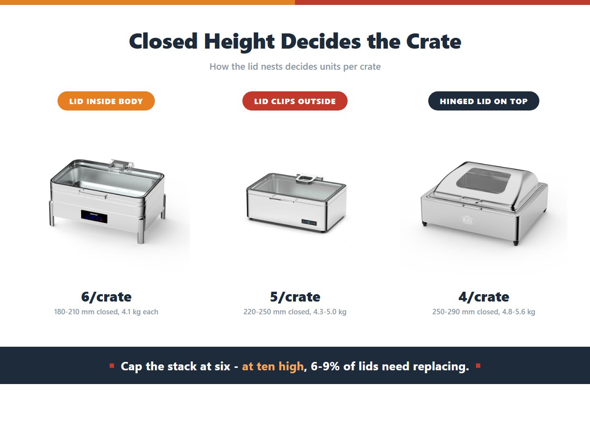 Three chafing dish nesting designs compared by units per crate: a fully nesting unit with the lid inside the body at six per crate and 180-210 mm closed height, a lid-clipped-outside design at five per crate, and a hinged-lid-on-top design at four per crate