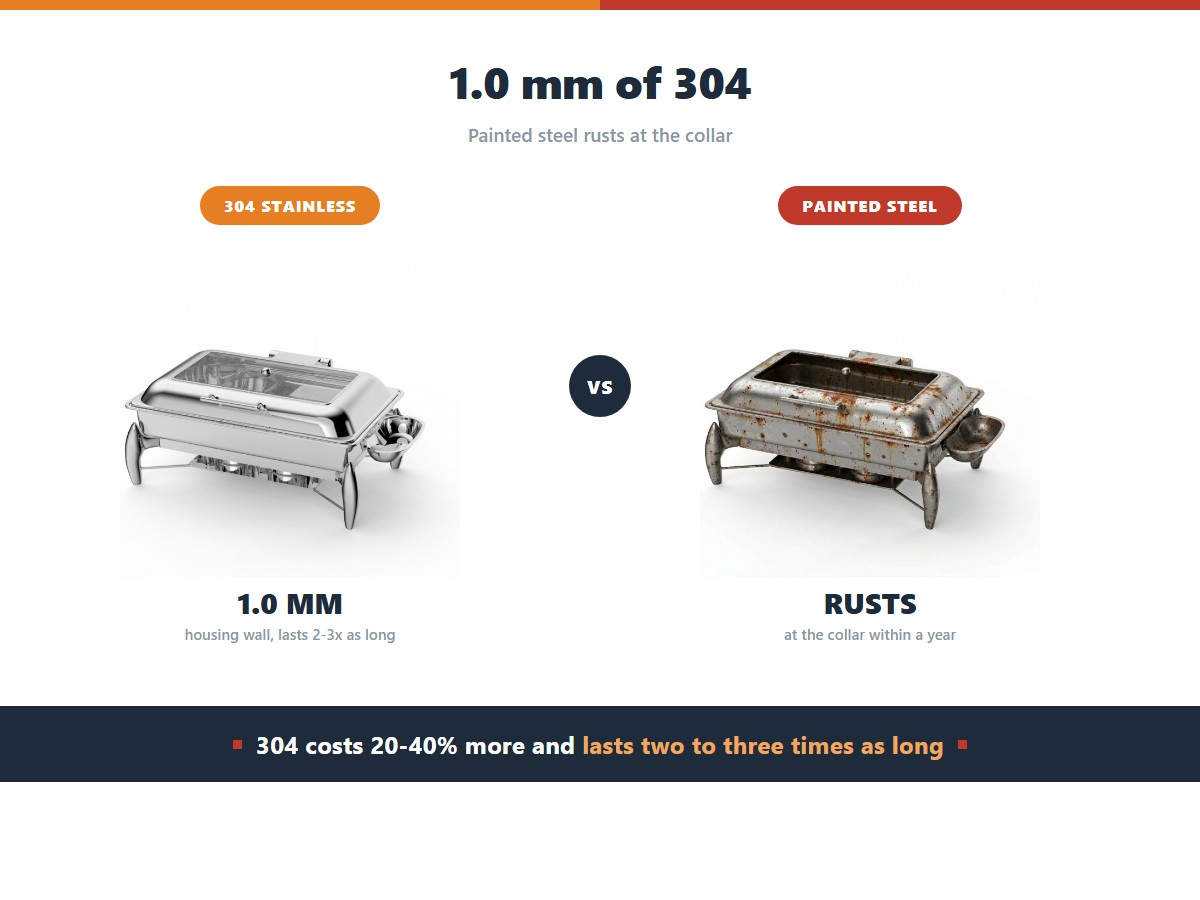 Stainless steel versus painted steel food heat lamps: specify 304 stainless with at least 1.0 millimetre wall thickness, which costs 20 to 40 percent more but lasts two to three times as long, while painted steel rusts at the collar where steam collects within a year
