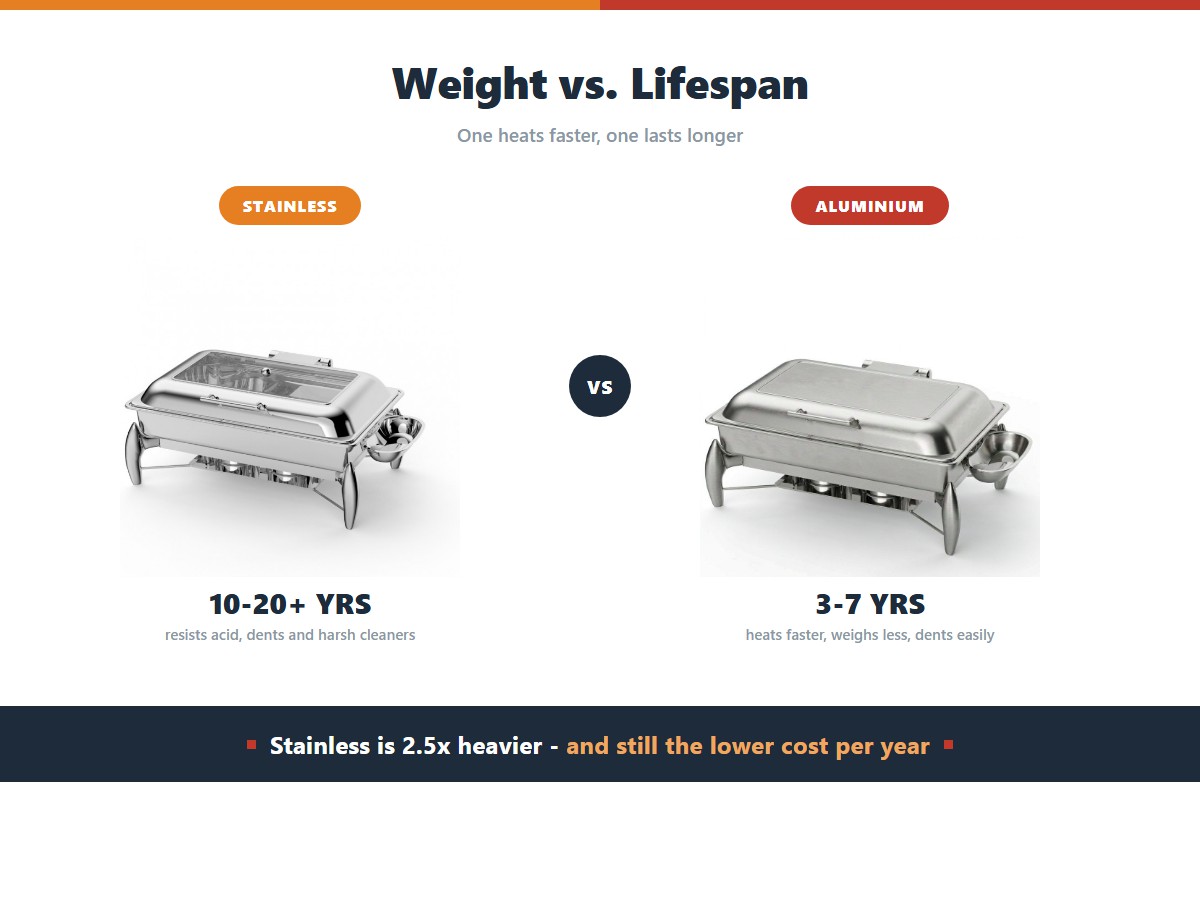 Stainless steel versus aluminium chafing dishes: stainless lasts 10 to 20 plus years and resists acid and dents while aluminium lasts 3 to 7 years, heats faster, weighs 2.5 times less and costs less up front