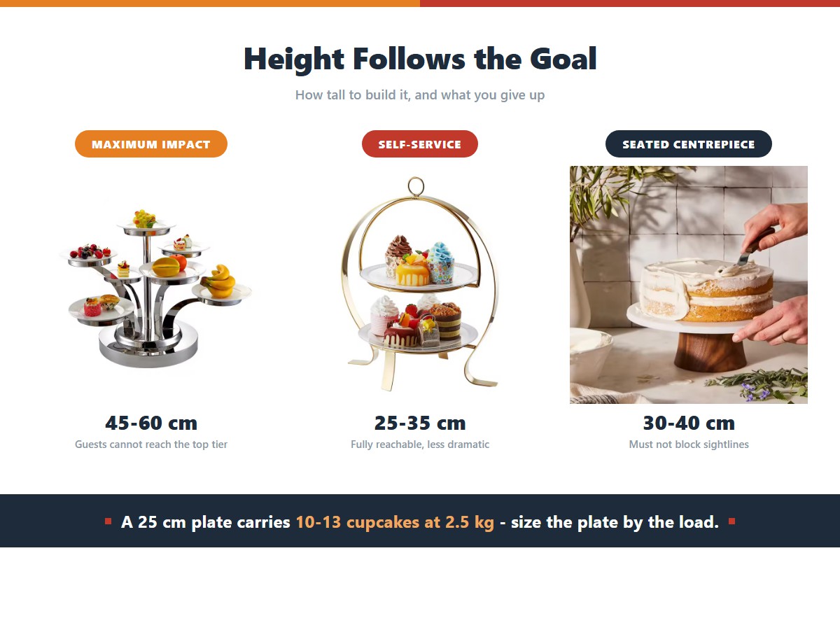 Three cake stand heights by display goal: a 45-60 cm tall multi-tier stand for maximum visual impact that guests cannot reach unaided, a 25-35 cm two-tier stand for self-service access, and a 30-40 cm low pedestal for a seated table centrepiece that does not block sightlines